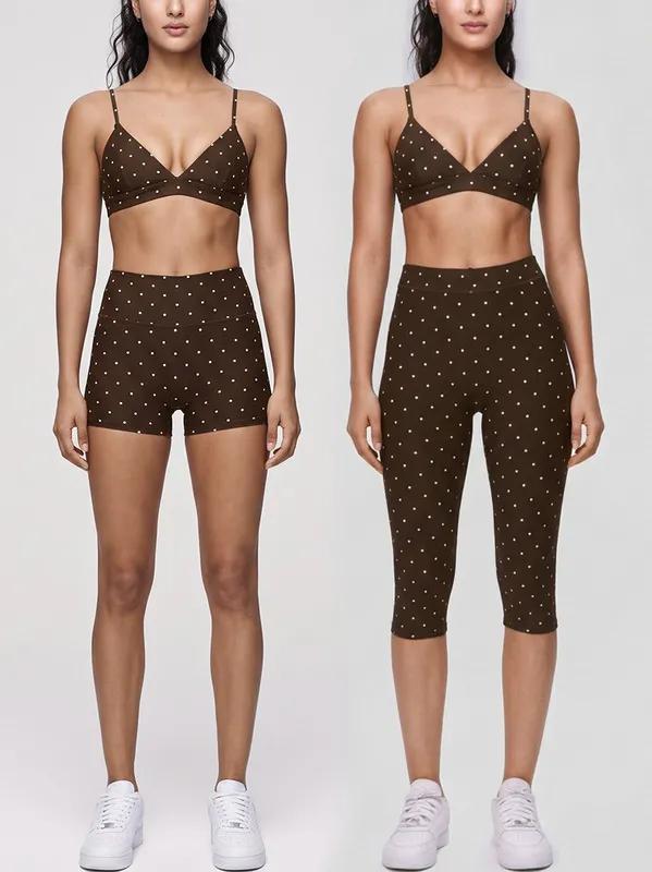 Conjunto de 3 piezas de ropa deportiva elástica para mujer (top y leggings) con estampado de lunares; tejido de secado rápido y alta calidad (FGBB3086+K7012+K7013)