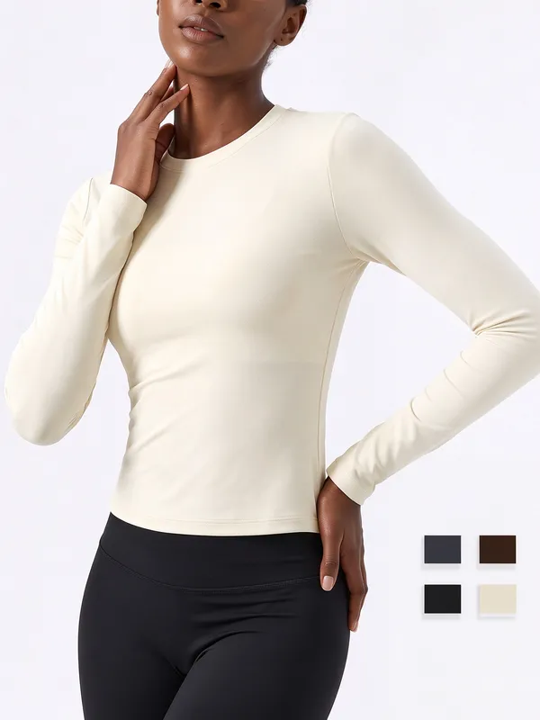 Top de manga larga con acabado cepillado, cuello redondo y corte entallado para gimnasio y running (FGBCX62031)