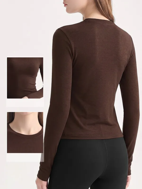 Top de manga larga con acabado cepillado, cuello redondo y corte entallado para gimnasio y running (FGBCX62031)