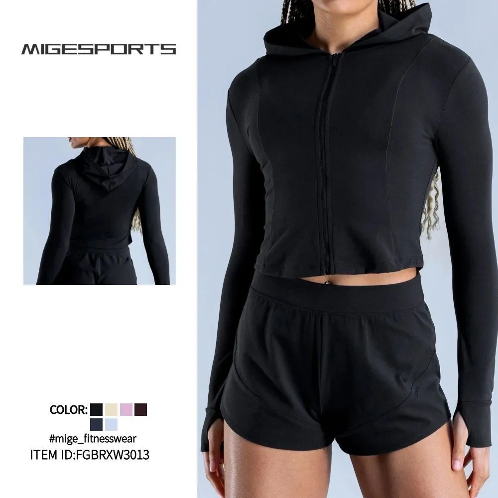 Top transpirable con capucha y cremallera completa para mujer, de nailon y elastano, para correr (FGBRXW3013)