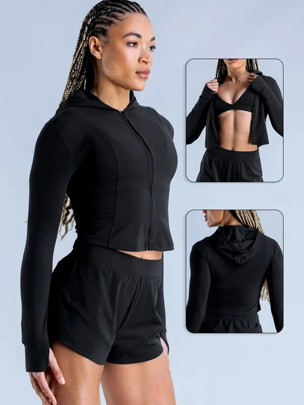 Top transpirable con capucha y cremallera completa para mujer, de nailon y elastano, para correr (FGBRXW3013)