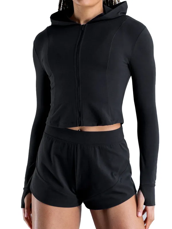 Top transpirable con capucha y cremallera completa para mujer, de nailon y elastano, para correr (FGBRXW3013)