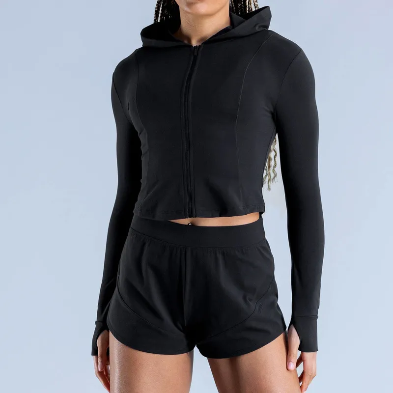 Top transpirable con capucha y cremallera completa para mujer, de nailon y elastano, para correr (FGBRXW3013)