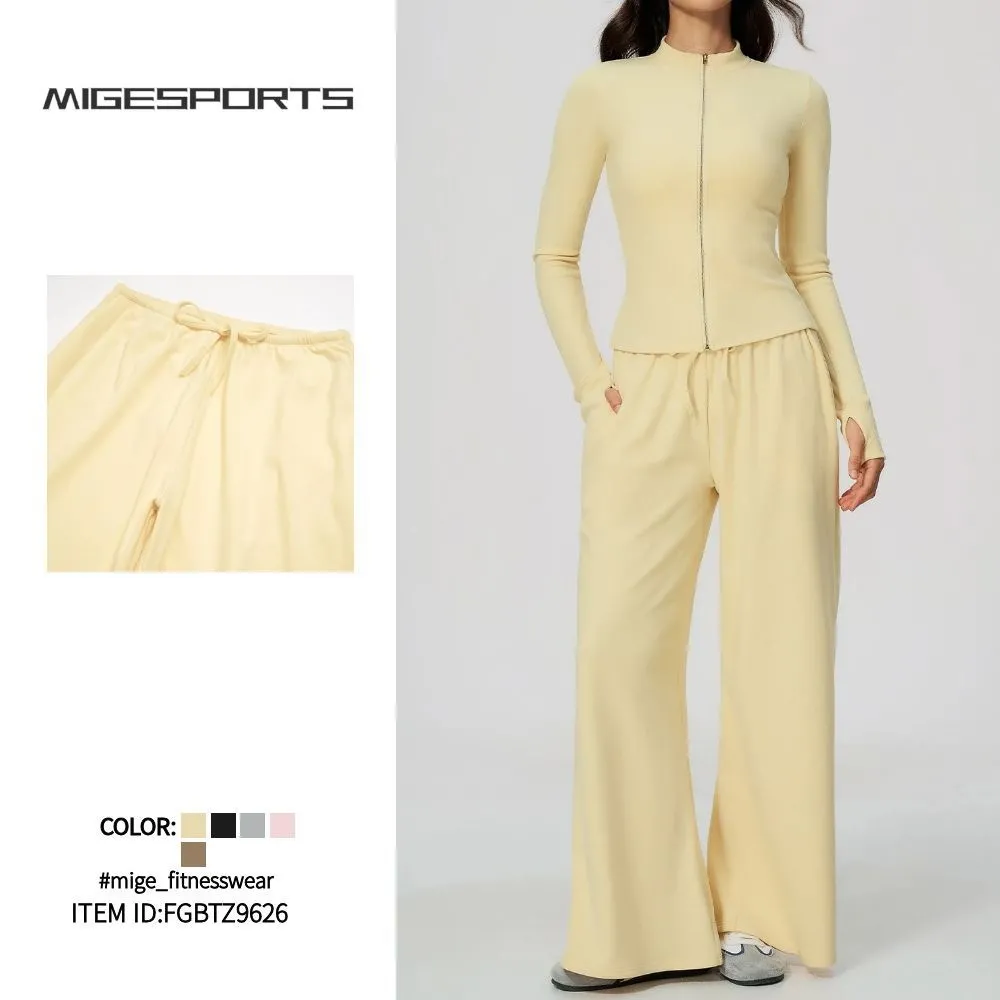 Conjunto de yoga de 2 piezas para mujer: chaqueta con cuello alzado y cremallera, y pantalones de pierna ancha; conjunto informal para hacer ejercicio (FGBTZ9626)