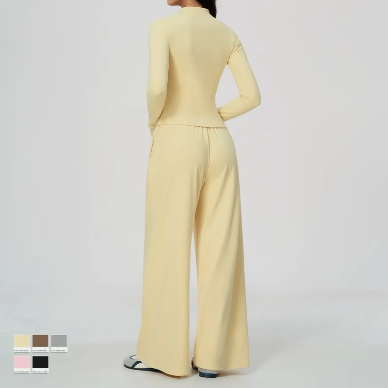 Conjunto de yoga de 2 piezas para mujer: chaqueta con cuello alzado y cremallera, y pantalones de pierna ancha; conjunto informal para hacer ejercicio (FGBTZ9626)