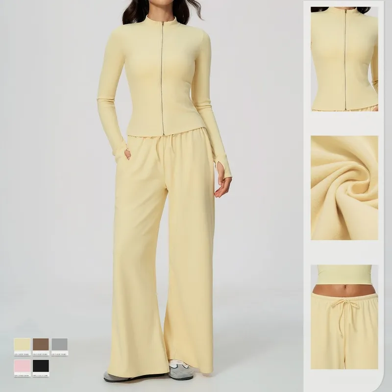 Conjunto de yoga de 2 piezas para mujer: chaqueta con cuello alzado y cremallera, y pantalones de pierna ancha; conjunto informal para hacer ejercicio (FGBTZ9626)