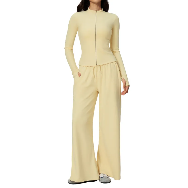 Conjunto de yoga de 2 piezas para mujer: chaqueta con cuello alzado y cremallera, y pantalones de pierna ancha; conjunto informal para hacer ejercicio (FGBTZ9626)