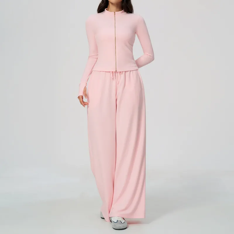Conjunto de yoga de 2 piezas para mujer: chaqueta con cuello alzado y cremallera, y pantalones de pierna ancha; conjunto informal para hacer ejercicio (FGBTZ9626)