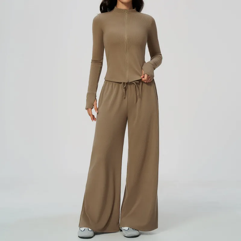 Conjunto de yoga de 2 piezas para mujer: chaqueta con cuello alzado y cremallera, y pantalones de pierna ancha; conjunto informal para hacer ejercicio (FGBTZ9626)