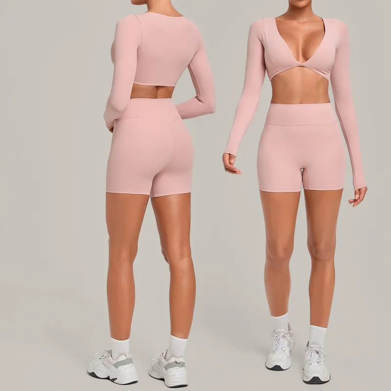 Conjunto de yoga para mujer: top corto y shorts de tiro alto, elásticos, de 2 piezas, para entrenamiento, gimnasio, fitness y actividad física (FGBQS1834+2208)