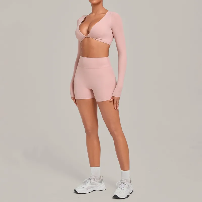 Conjunto de yoga para mujer: top corto y shorts de tiro alto, elásticos, de 2 piezas, para entrenamiento, gimnasio, fitness y actividad física (FGBQS1834+2208)