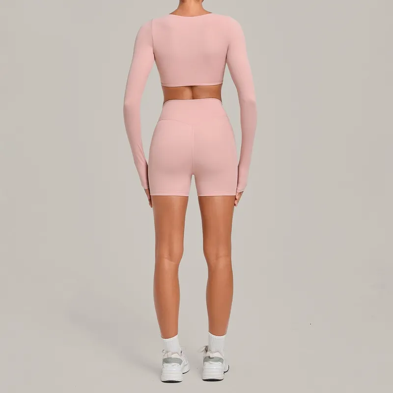 Conjunto de yoga para mujer: top corto y shorts de tiro alto, elásticos, de 2 piezas, para entrenamiento, gimnasio, fitness y actividad física (FGBQS1834+2208)