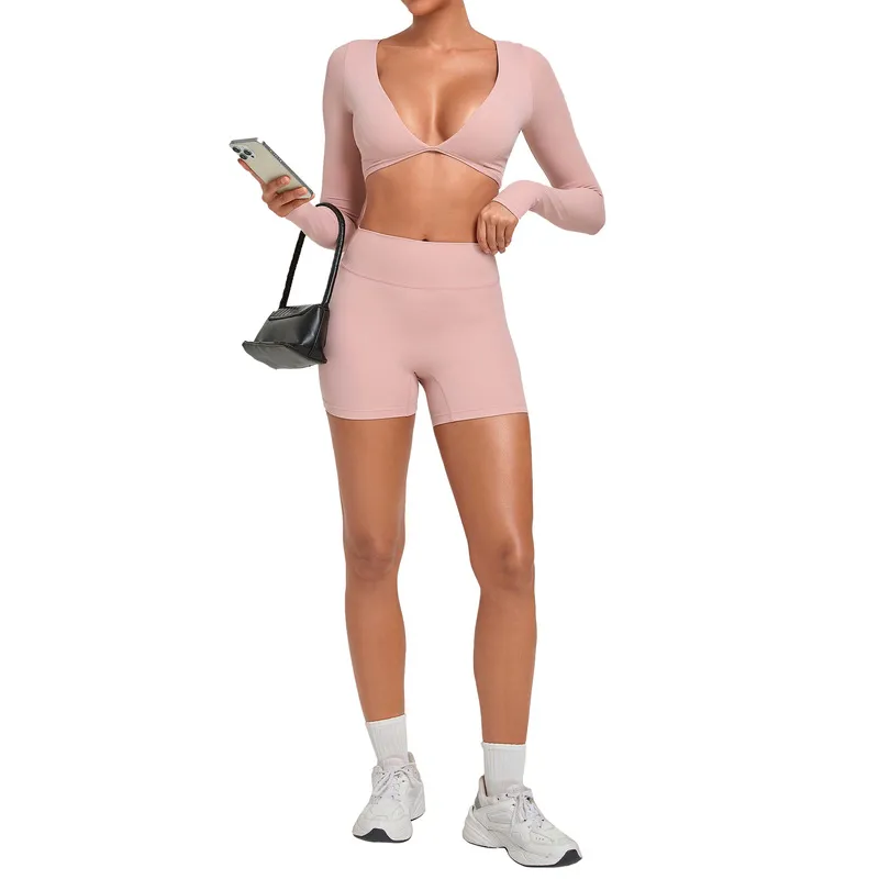 Conjunto de yoga para mujer: top corto y shorts de tiro alto, elásticos, de 2 piezas, para entrenamiento, gimnasio, fitness y actividad física (FGBQS1834+2208)