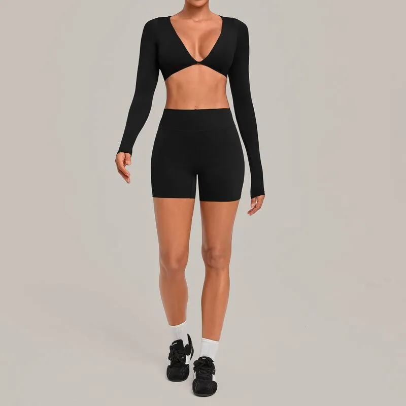 Conjunto de yoga para mujer: top corto y shorts de tiro alto, elásticos, de 2 piezas, para entrenamiento, gimnasio, fitness y actividad física (FGBQS1834+2208)