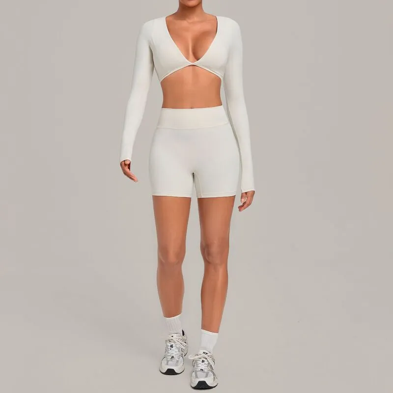 Conjunto de yoga para mujer: top corto y shorts de tiro alto, elásticos, de 2 piezas, para entrenamiento, gimnasio, fitness y actividad física (FGBQS1834+2208)