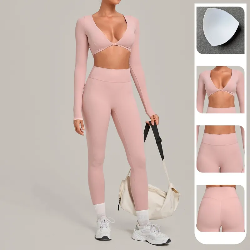 Conjunto deportivo de 2 piezas para mujer: top corto y leggings de cintura alta, ropa de gimnasio, fitness y yoga, de secado rápido (FGBQS1834+6723)