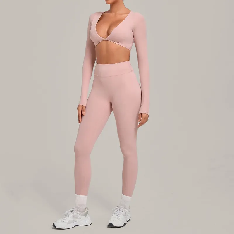 Conjunto deportivo de 2 piezas para mujer: top corto y leggings de cintura alta, ropa de gimnasio, fitness y yoga, de secado rápido (FGBQS1834+6723)
