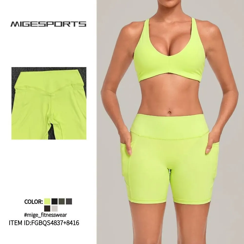 Conjunto de 2 piezas para mujer: shorts de cintura alta y top deportivo de entrenamiento con espalda descubierta y tiras cruzadas – Ropa deportiva para gimnasio FGBQS4837+8416
