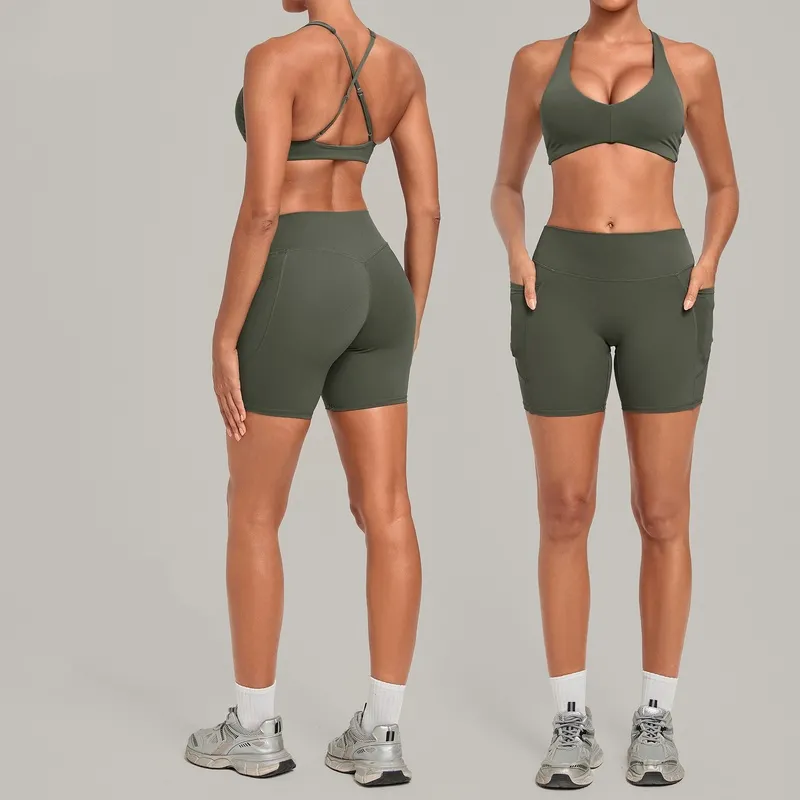 Conjunto de 2 piezas para mujer: shorts de cintura alta y top deportivo de entrenamiento con espalda descubierta y tiras cruzadas – Ropa deportiva para gimnasio FGBQS4837+8416