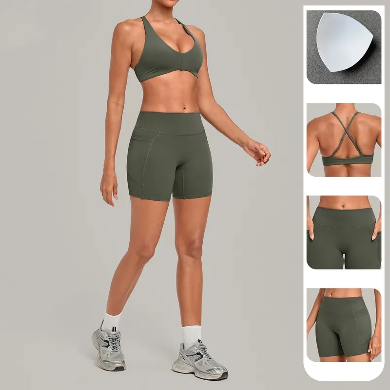 Conjunto de 2 piezas para mujer: shorts de cintura alta y top deportivo de entrenamiento con espalda descubierta y tiras cruzadas – Ropa deportiva para gimnasio FGBQS4837+8416
