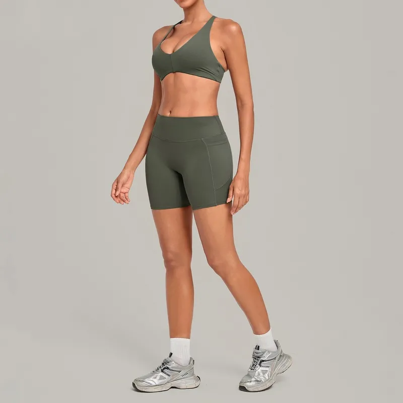 Conjunto de 2 piezas para mujer: shorts de cintura alta y top deportivo de entrenamiento con espalda descubierta y tiras cruzadas – Ropa deportiva para gimnasio FGBQS4837+8416