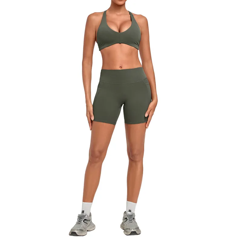 Conjunto de 2 piezas para mujer: shorts de cintura alta y top deportivo de entrenamiento con espalda descubierta y tiras cruzadas – Ropa deportiva para gimnasio FGBQS4837+8416