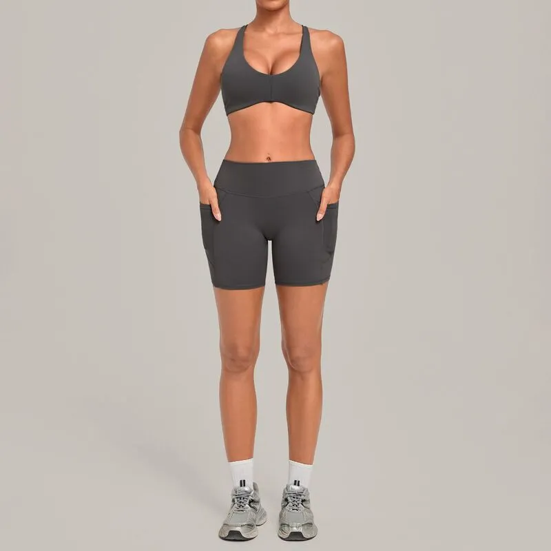 Conjunto de 2 piezas para mujer: shorts de cintura alta y top deportivo de entrenamiento con espalda descubierta y tiras cruzadas – Ropa deportiva para gimnasio FGBQS4837+8416