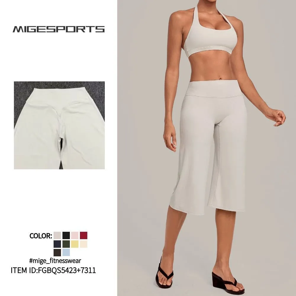 Conjunto deportivo para mujer: sujetador tipo halter con espalda descubierta y pantalones de largo 3/4, ideal para yoga, fitness y entrenamiento (FGBQS5423+7311)