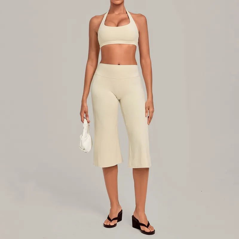 Conjunto deportivo para mujer: sujetador tipo halter con espalda descubierta y pantalones de largo 3/4, ideal para yoga, fitness y entrenamiento (FGBQS5423+7311)
