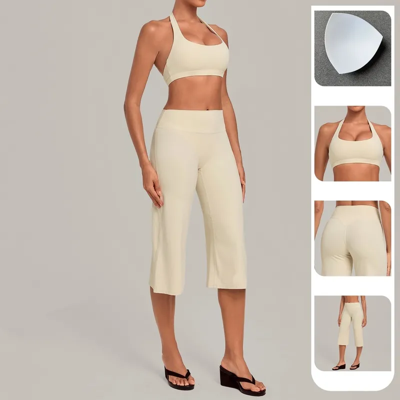Conjunto deportivo para mujer: sujetador tipo halter con espalda descubierta y pantalones de largo 3/4, ideal para yoga, fitness y entrenamiento (FGBQS5423+7311)
