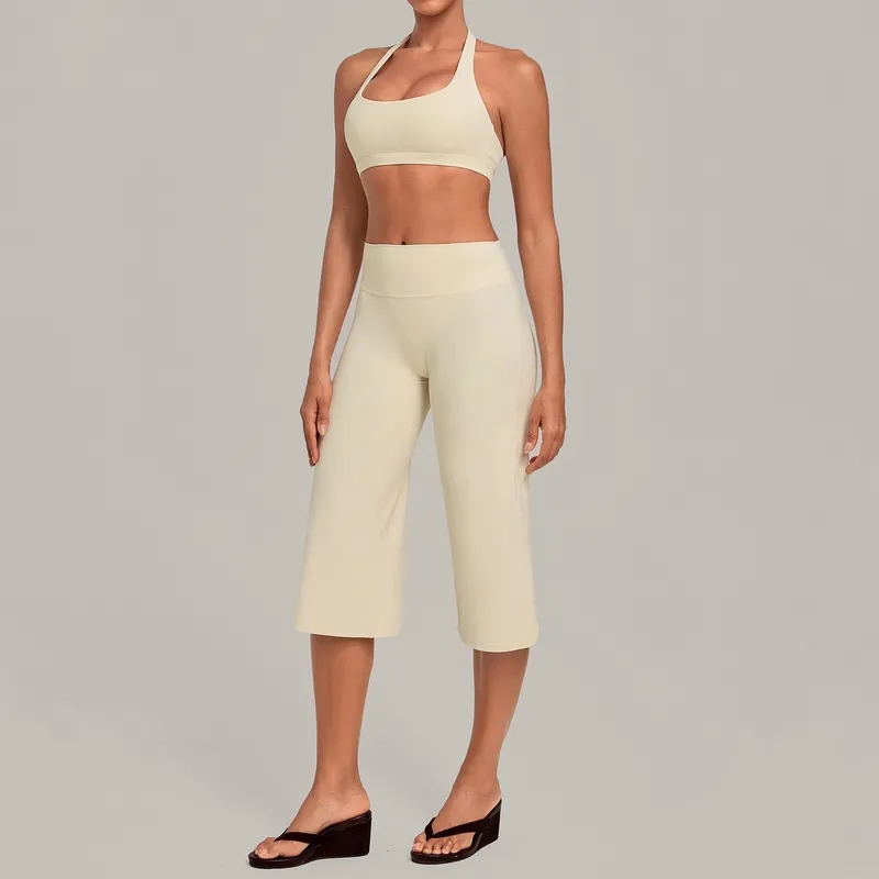 Conjunto deportivo para mujer: sujetador tipo halter con espalda descubierta y pantalones de largo 3/4, ideal para yoga, fitness y entrenamiento (FGBQS5423+7311)
