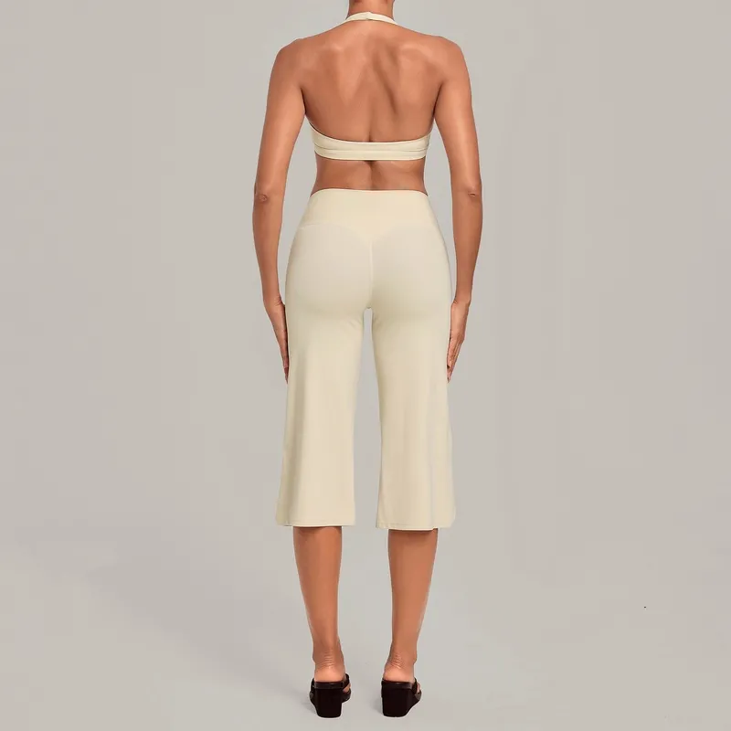 Conjunto deportivo para mujer: sujetador tipo halter con espalda descubierta y pantalones de largo 3/4, ideal para yoga, fitness y entrenamiento (FGBQS5423+7311)