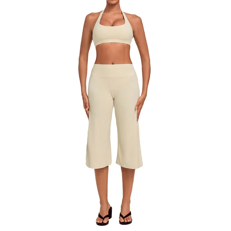 Conjunto deportivo para mujer: sujetador tipo halter con espalda descubierta y pantalones de largo 3/4, ideal para yoga, fitness y entrenamiento (FGBQS5423+7311)