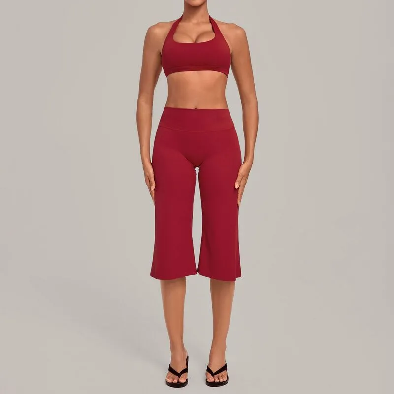 Conjunto deportivo para mujer: sujetador tipo halter con espalda descubierta y pantalones de largo 3/4, ideal para yoga, fitness y entrenamiento (FGBQS5423+7311)