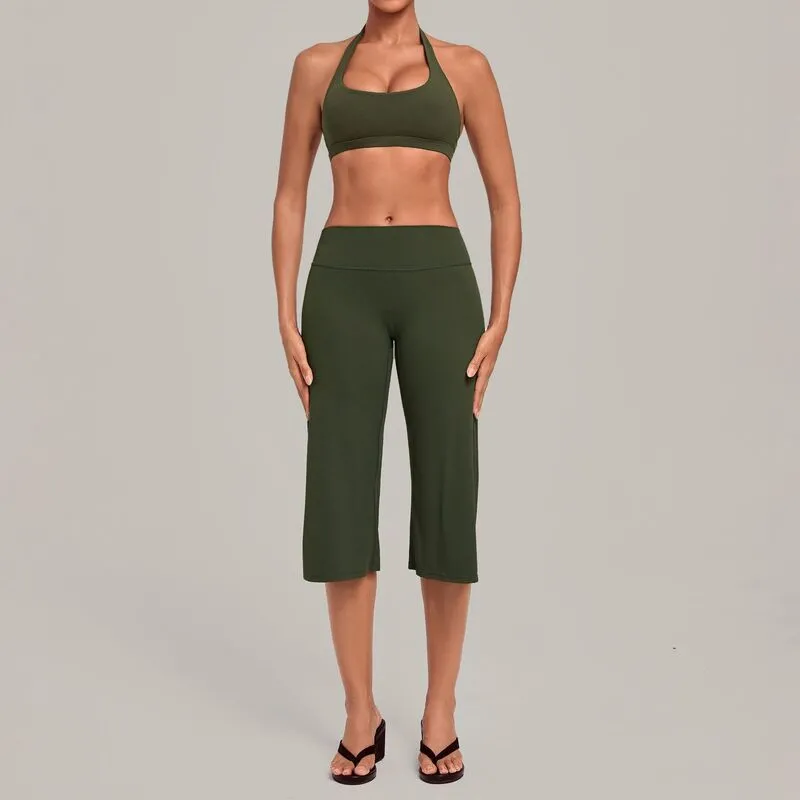 Conjunto deportivo para mujer: sujetador tipo halter con espalda descubierta y pantalones de largo 3/4, ideal para yoga, fitness y entrenamiento (FGBQS5423+7311)