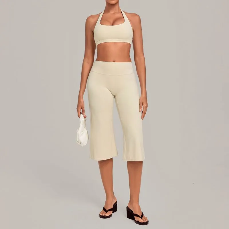 Conjunto deportivo para mujer: sujetador tipo halter con espalda descubierta y pantalones de largo 3/4, ideal para yoga, fitness y entrenamiento (FGBQS5423+7311)