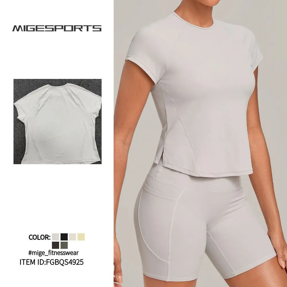 Top de manga corta transpirable, de corte entallado, alta elasticidad y ligero; prenda deportiva para entrenamiento y Pilates (FGBQS4925)