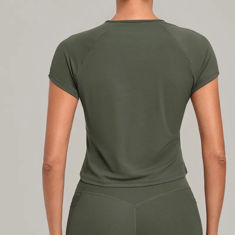Top de manga corta transpirable, de corte entallado, alta elasticidad y ligero; prenda deportiva para entrenamiento y Pilates (FGBQS4925)