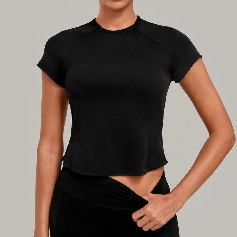 Top de manga corta transpirable, de corte entallado, alta elasticidad y ligero; prenda deportiva para entrenamiento y Pilates (FGBQS4925)