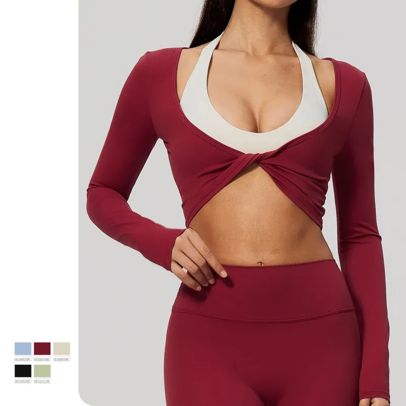 Top de yoga para mujer, de manga larga, ajustado, de nailon y elastano, diseño sencillo y liso con detalle plisado FGBFCX5529