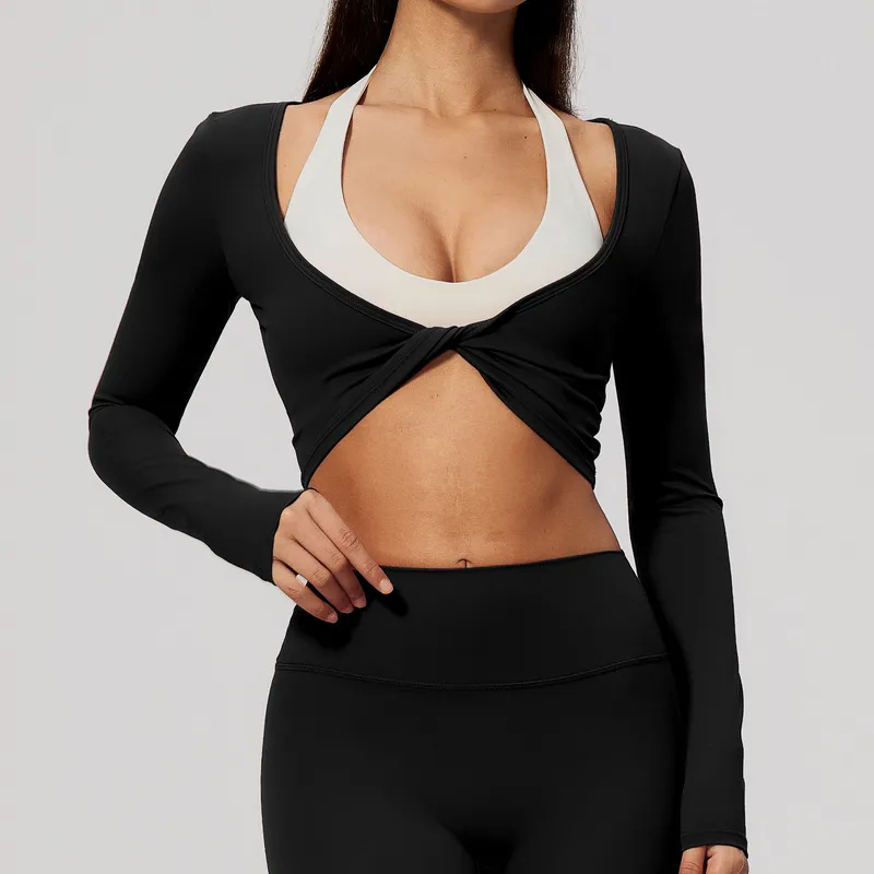Top de yoga para mujer, de manga larga, ajustado, de nailon y elastano, diseño sencillo y liso con detalle plisado FGBFCX5529