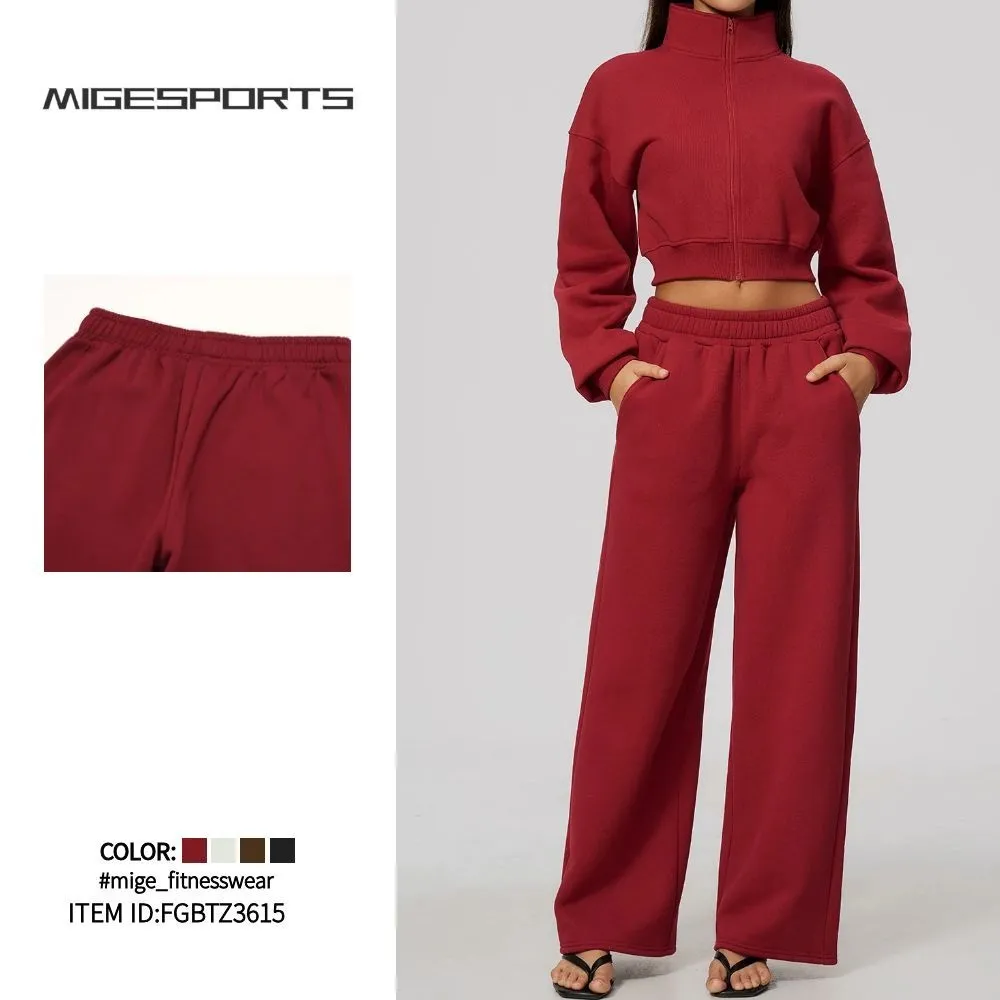 Conjunto deportivo de dos piezas para mujer: chaqueta con cremallera y cuello alzado, y pantalones; ideal para yoga y running (FGBTZ3615)