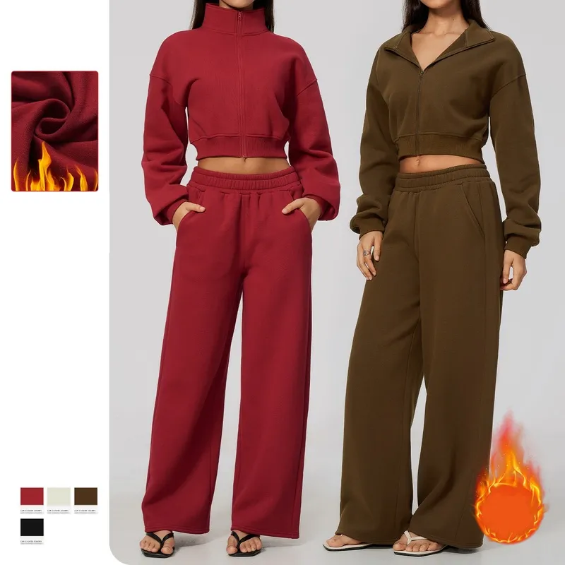 Conjunto deportivo de dos piezas para mujer: chaqueta con cremallera y cuello alzado, y pantalones; ideal para yoga y running (FGBTZ3615)