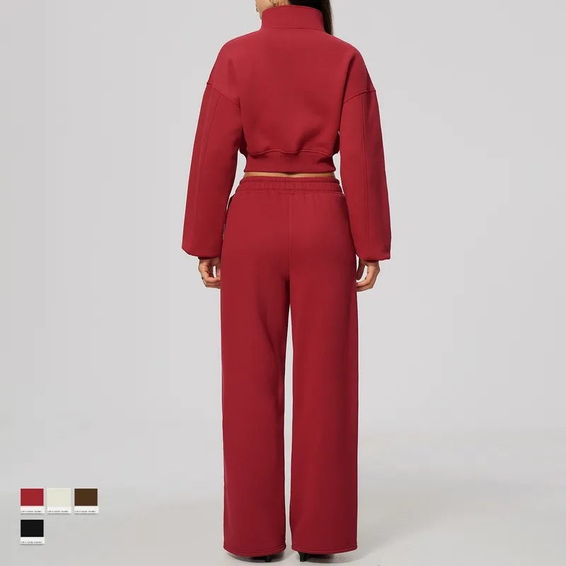 Conjunto deportivo de dos piezas para mujer: chaqueta con cremallera y cuello alzado, y pantalones; ideal para yoga y running (FGBTZ3615)