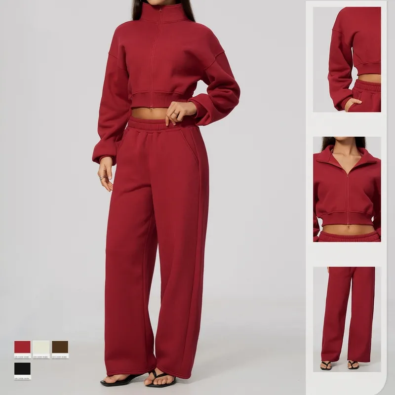Conjunto deportivo de dos piezas para mujer: chaqueta con cremallera y cuello alzado, y pantalones; ideal para yoga y running (FGBTZ3615)