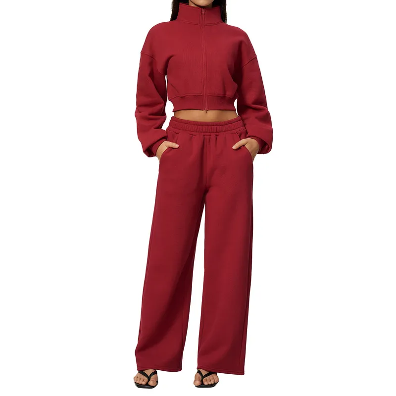 Conjunto deportivo de dos piezas para mujer: chaqueta con cremallera y cuello alzado, y pantalones; ideal para yoga y running (FGBTZ3615)