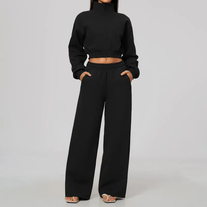 Conjunto deportivo de dos piezas para mujer: chaqueta con cremallera y cuello alzado, y pantalones; ideal para yoga y running (FGBTZ3615)