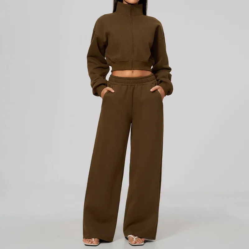 Conjunto deportivo de dos piezas para mujer: chaqueta con cremallera y cuello alzado, y pantalones; ideal para yoga y running (FGBTZ3615)