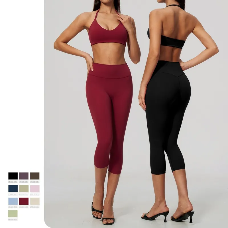 Conjunto de ropa deportiva para mujer: sujetador de alta elasticidad para gimnasio y fitness, y leggings de cintura alta (largo 3/4) para yoga - FGBTZ5529