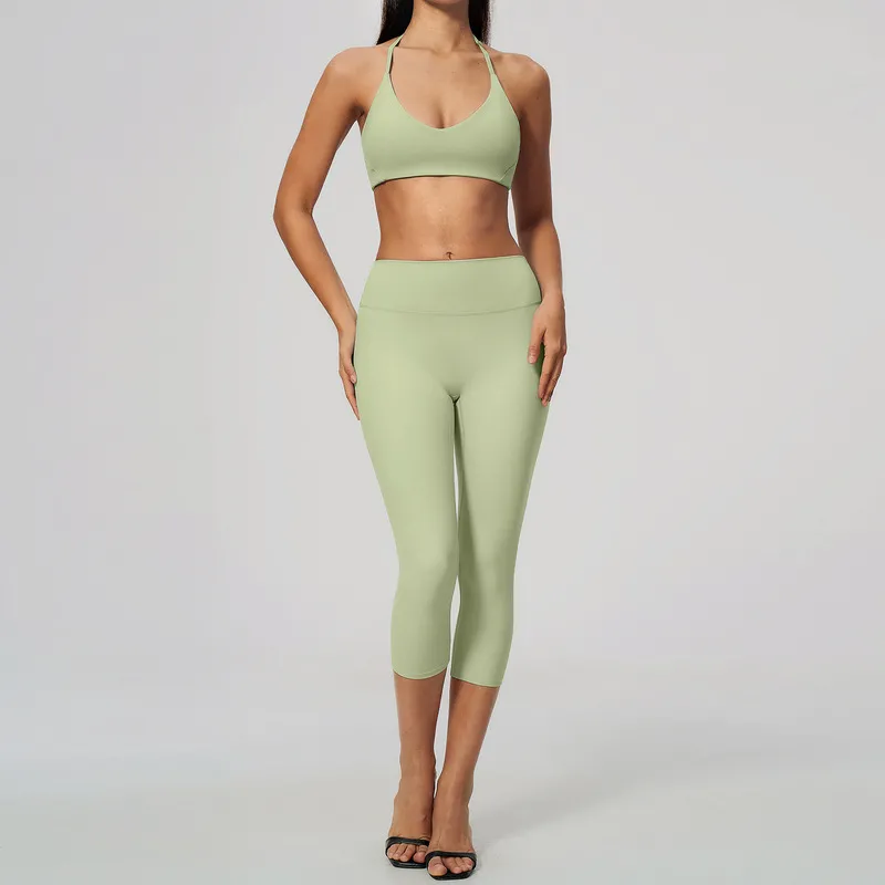 Conjunto de ropa deportiva para mujer: sujetador de alta elasticidad para gimnasio y fitness, y leggings de cintura alta (largo 3/4) para yoga - FGBTZ5529